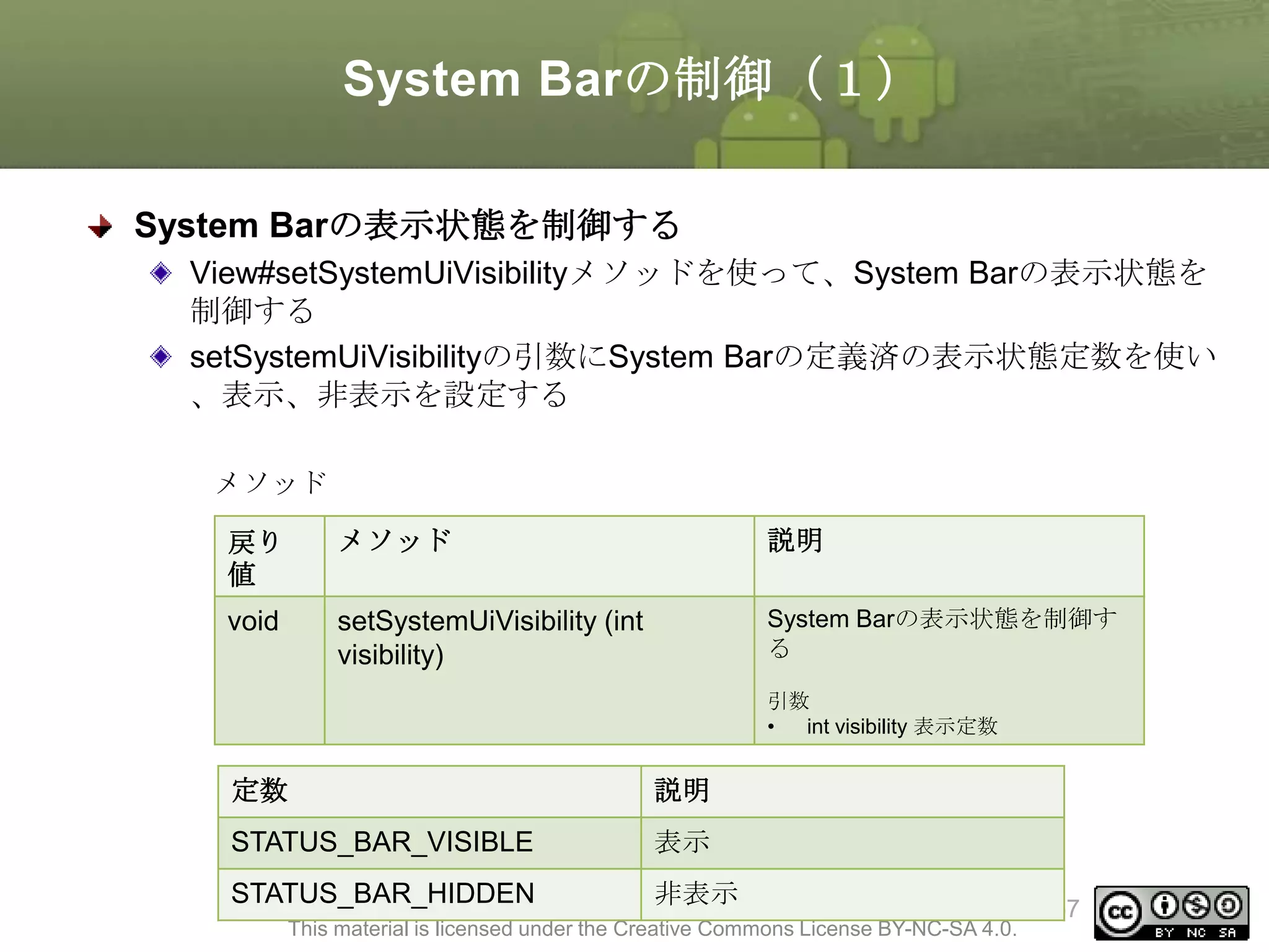 System Barの制御（１）
System Barの表示状態を制御する
View#setSystemUiVisibilityメソッドを使って、System Barの表示状態を
制御する
setSystemUiVisibilityの引数にSystem Barの定義済の表示状態定数を使い
、表示、非表示を設定する
メソッド
戻り
値

メソッド

説明

void

setSystemUiVisibility (int
visibility)

System Barの表示状態を制御す
る
引数
•
int visibility 表示定数

引数に指定する定数
定数

説明

STATUS_BAR_VISIBLE

表示

STATUS_BAR_HIDDEN

非表示

This material is licensed under the Creative Commons License BY-NC-SA 4.0.

157

 