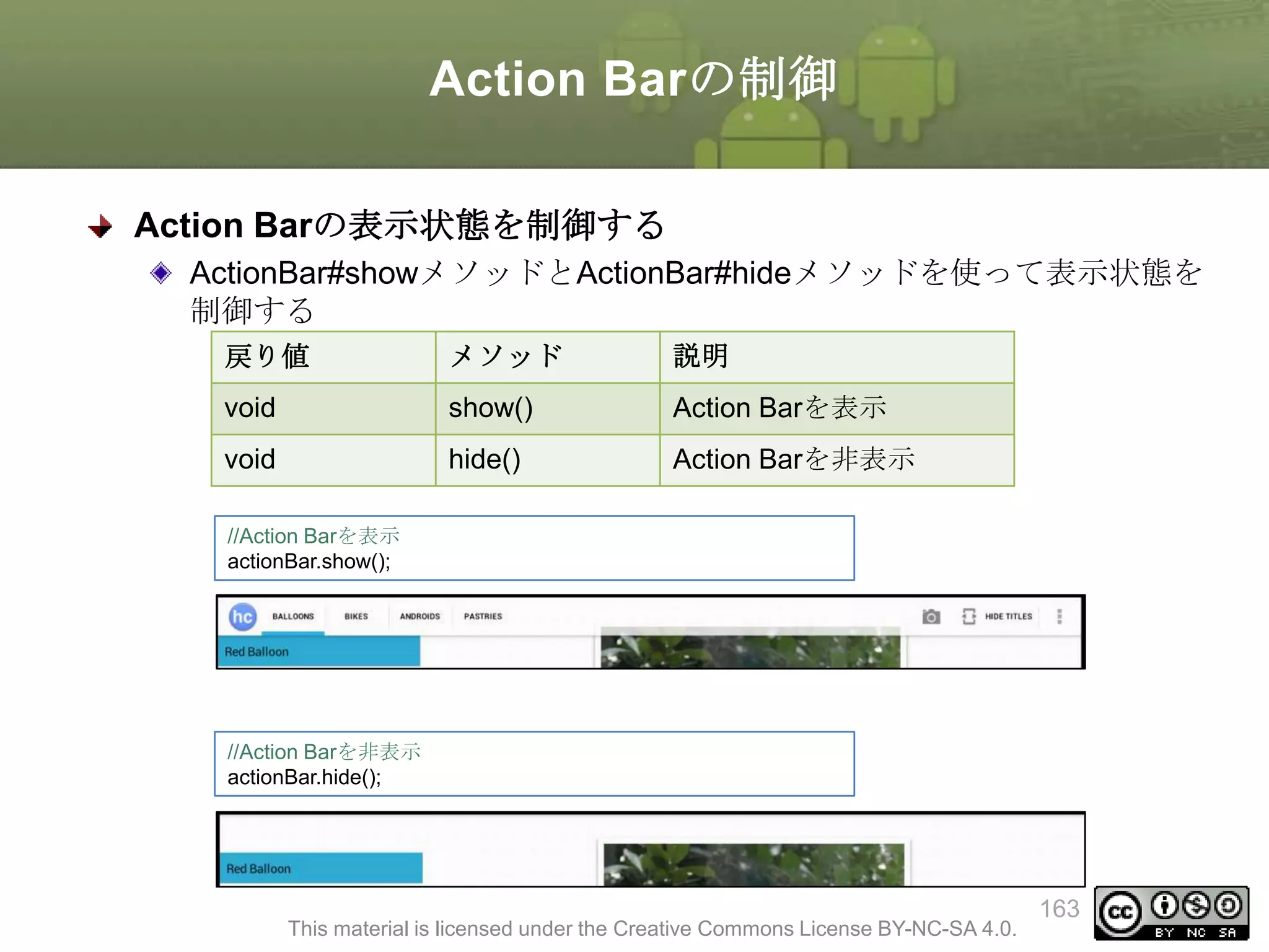 Action Barの制御
Action Barの表示状態を制御する
ActionBar#showメソッドとActionBar#hideメソッドを使って表示状態を
制御する
戻り値

メソッド

説明

void

show()

Action Barを表示

void

hide()

Action Barを非表示

//Action Barを表示
actionBar.show();

//Action Barを非表示
actionBar.hide();

This material is licensed under the Creative Commons License BY-NC-SA 4.0.

163

 
