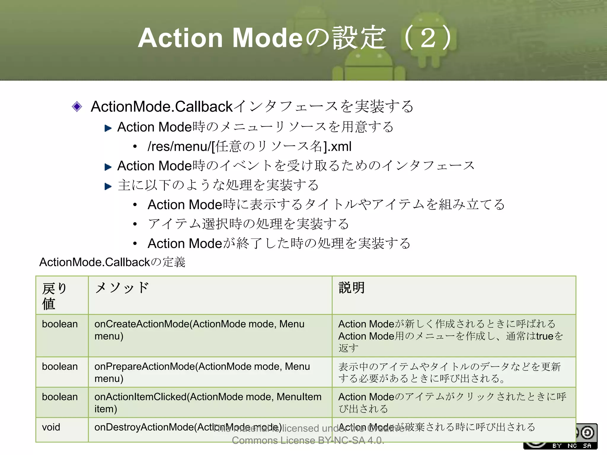 Action Modeの設定（２）
ActionMode.Callbackインタフェースを実装する
Action Mode時のメニューリソースを用意する
• /res/menu/[任意のリソース名].xml
Action Mode時のイベントを受け取るためのインタフェース
主に以下のような処理を実装する
• Action Mode時に表示するタイトルやアイテムを組み立てる
• アイテム選択時の処理を実装する
• Action Modeが終了した時の処理を実装する
ActionMode.Callbackの定義

戻り
値

メソッド

説明

boolean

onCreateActionMode(ActionMode mode, Menu
menu)

Action Modeが新しく作成されるときに呼ばれる
Action Mode用のメニューを作成し、通常はtrueを
返す

boolean

onPrepareActionMode(ActionMode mode, Menu
menu)

表示中のアイテムやタイトルのデータなどを更新
する必要があるときに呼び出される。

boolean

onActionItemClicked(ActionMode mode, MenuItem
item)

Action Modeのアイテムがクリックされたときに呼
び出される

void

onDestroyActionMode(ActionMode mode)licensed under the Creative
Action Modeが破棄される時に呼び出される
This material is
172
Commons License BY-NC-SA 4.0.

 