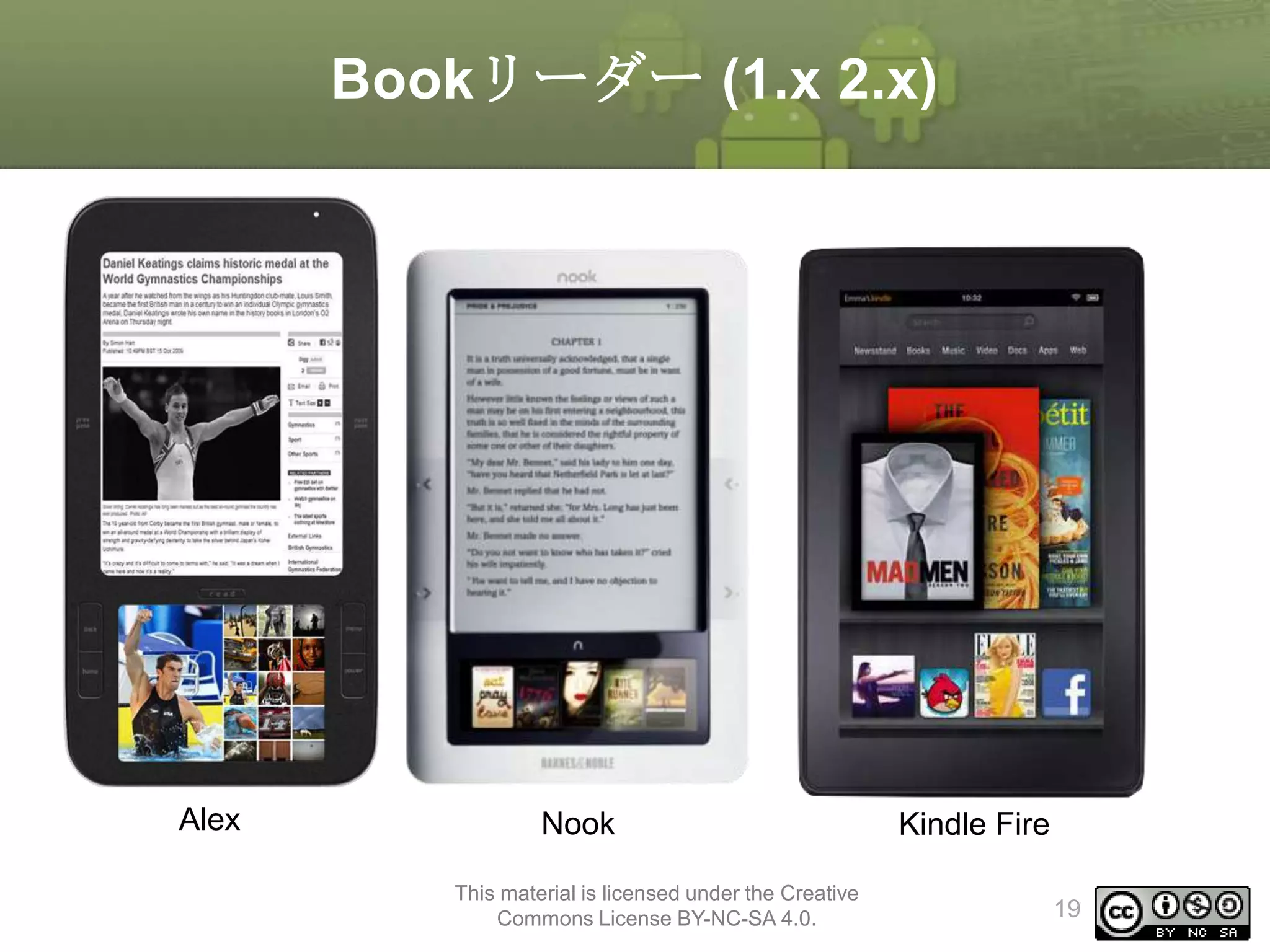 Bookリーダー (1.x 2.x)

Alex

Nook
This material is licensed under the Creative
Commons License BY-NC-SA 4.0.

Kindle Fire
19

 
