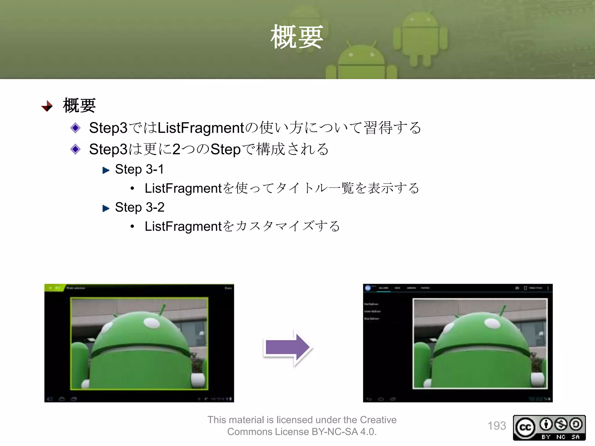 概要
概要
Step3ではListFragmentの使い方について習得する
Step3は更に2つのStepで構成される
Step 3-1
• ListFragmentを使ってタイトル一覧を表示する
Step 3-2
• ListFragmentをカスタマイズする

This material is licensed under the Creative
Commons License BY-NC-SA 4.0.

193

 