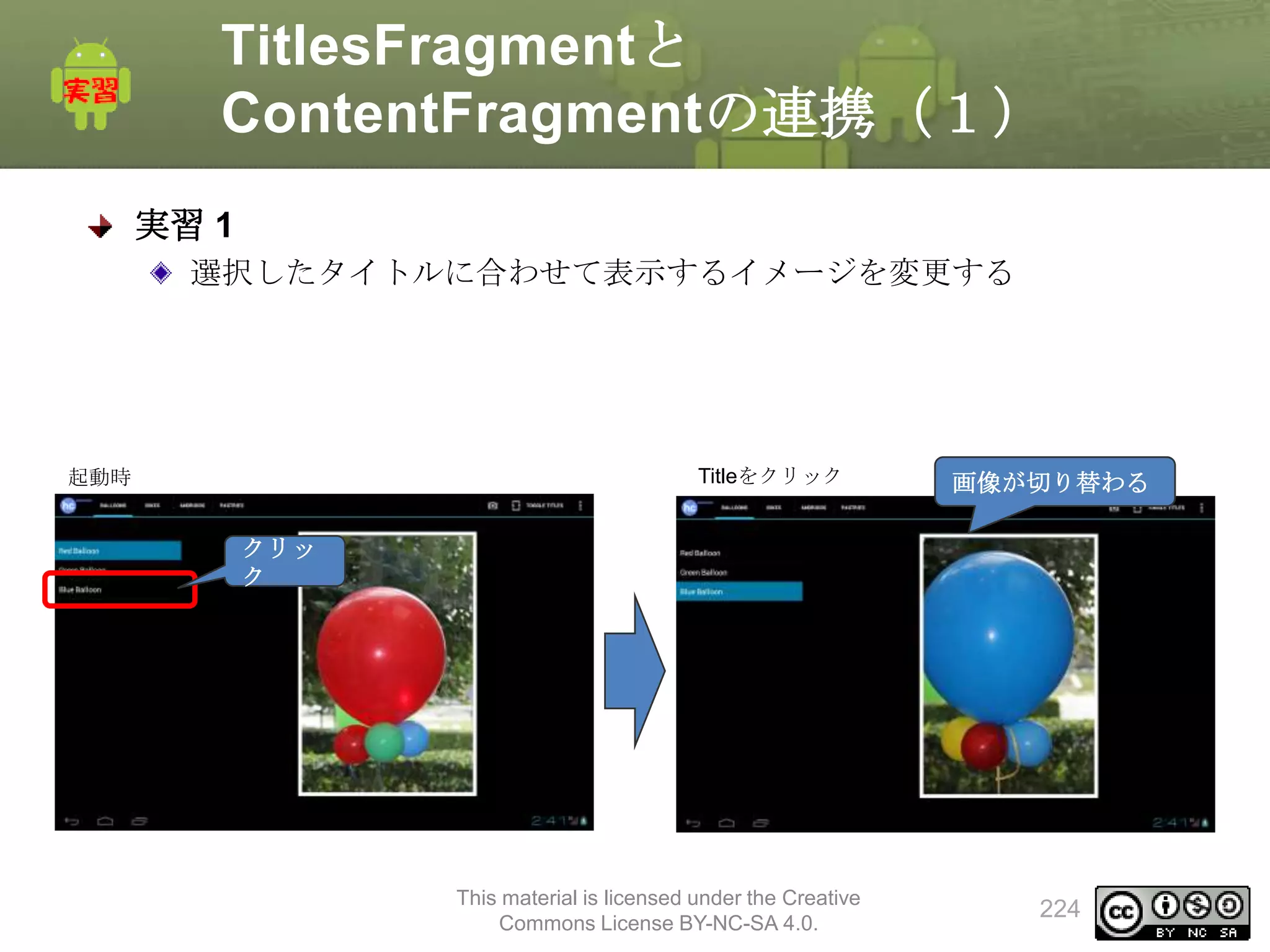 TitlesFragmentと
ContentFragmentの連携（１）
実習 1
選択したタイトルに合わせて表示するイメージを変更する

起動時

Titleをクリック

画像が切り替わる

クリッ
ク

This material is licensed under the Creative
Commons License BY-NC-SA 4.0.

224

 