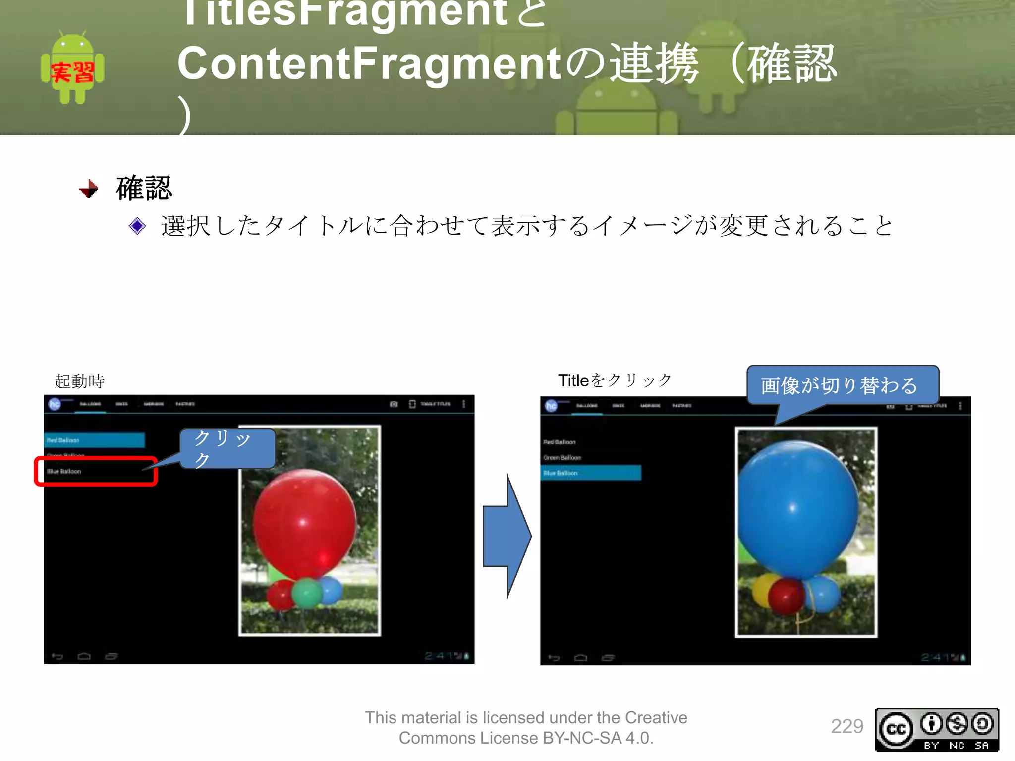 TitlesFragmentと
ContentFragmentの連携（確認
）
確認
選択したタイトルに合わせて表示するイメージが変更されること

起動時

Titleをクリック

画像が切り替わる

クリッ
ク

This material is licensed under the Creative
Commons License BY-NC-SA 4.0.

229

 