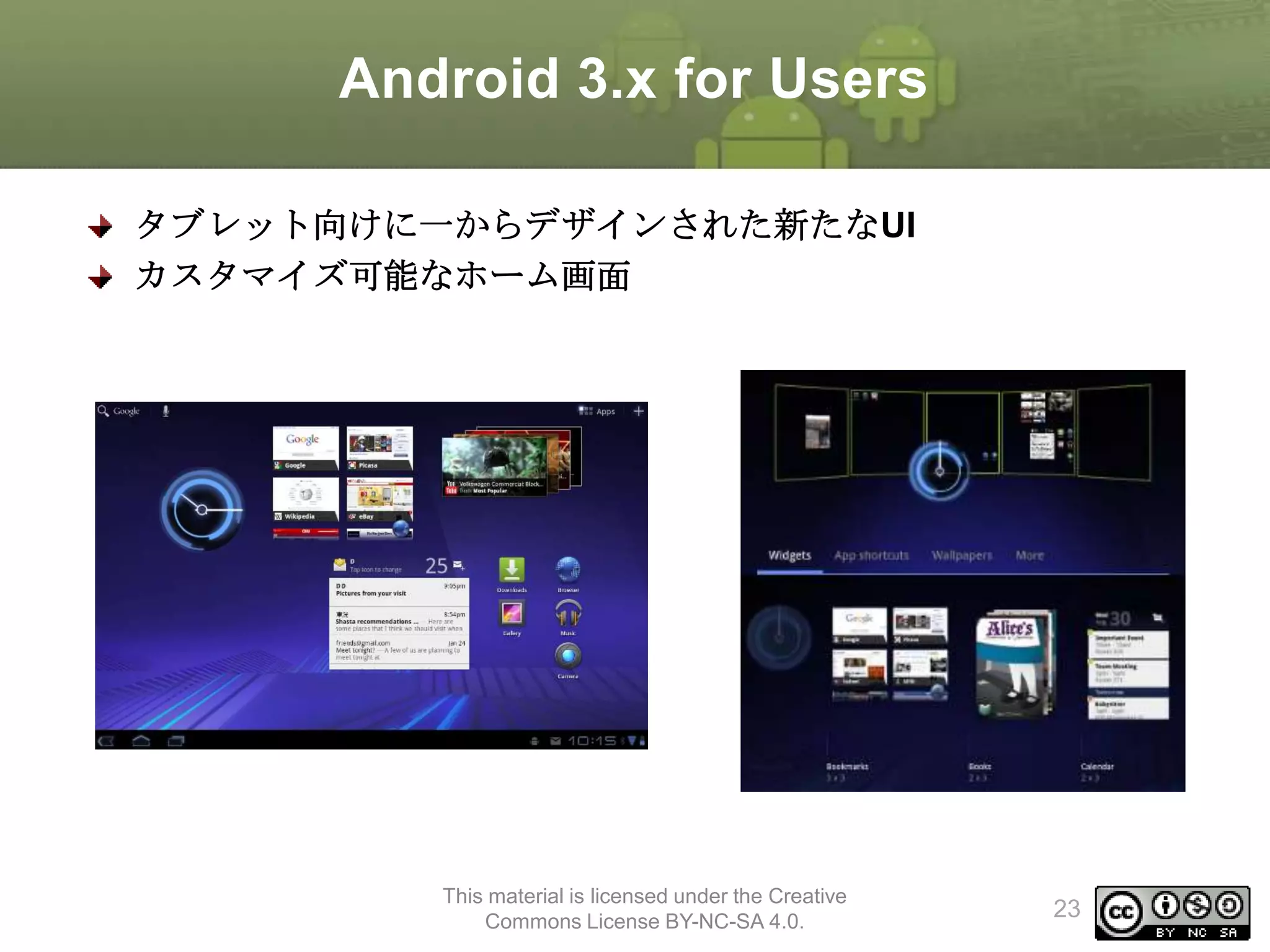 Android 3.x for Users
タブレット向けに一からデザインされた新たなUI
カスタマイズ可能なホーム画面

This material is licensed under the Creative
Commons License BY-NC-SA 4.0.

23

 