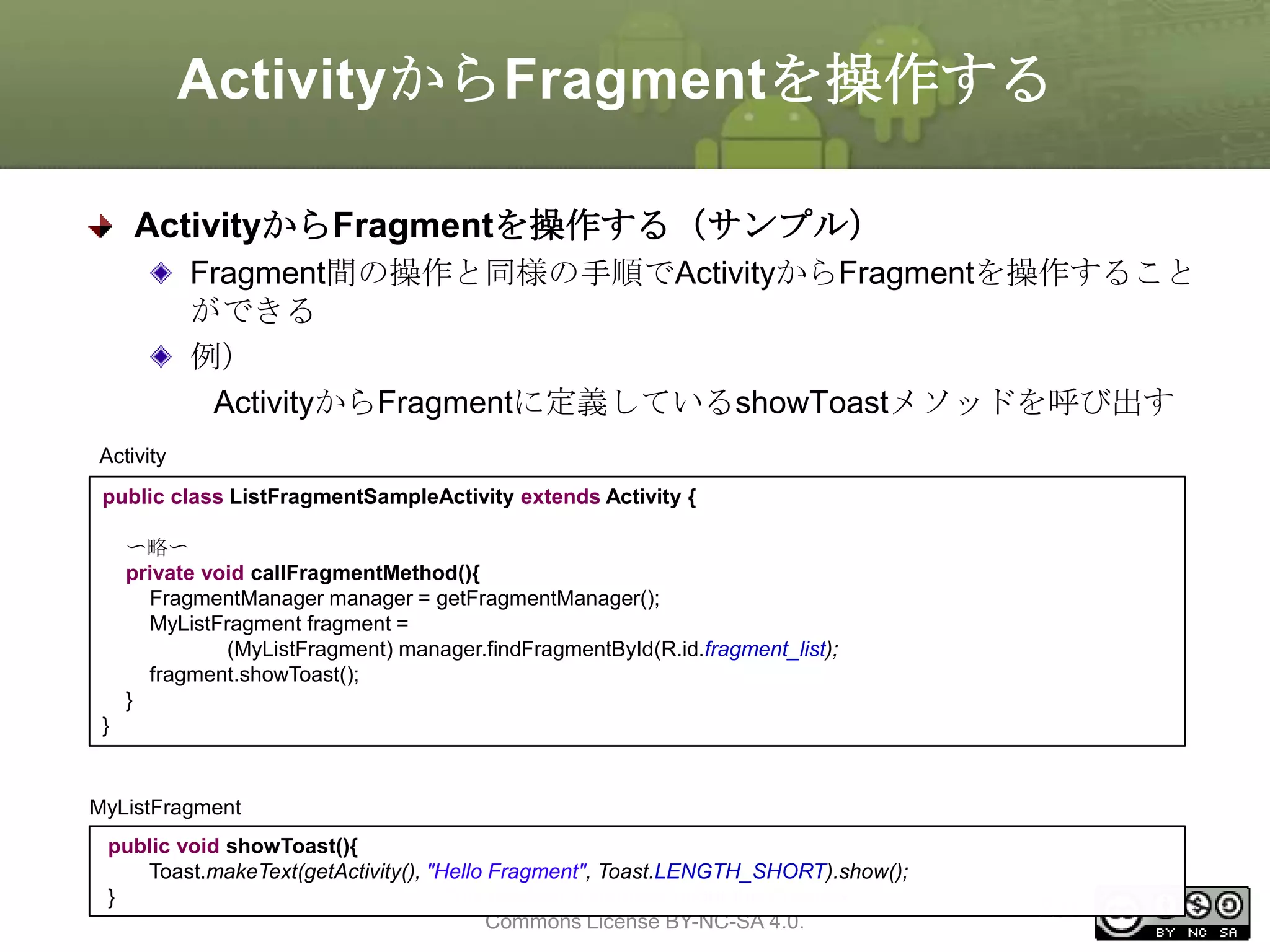 ActivityからFragmentを操作する
ActivityからFragmentを操作する（サンプル）
Fragment間の操作と同様の手順でActivityからFragmentを操作すること
ができる
例）
ActivityからFragmentに定義しているshowToastメソッドを呼び出す
Activity
public class ListFragmentSampleActivity extends Activity {
〜略〜
private void callFragmentMethod(){
FragmentManager manager = getFragmentManager();
MyListFragment fragment =
(MyListFragment) manager.findFragmentById(R.id.fragment_list);
fragment.showToast();
}

}

MyListFragment
public void showToast(){
Toast.makeText(getActivity(), "Hello Fragment", Toast.LENGTH_SHORT).show();
This material is licensed under the Creative
}
Commons License BY-NC-SA 4.0.

231

 