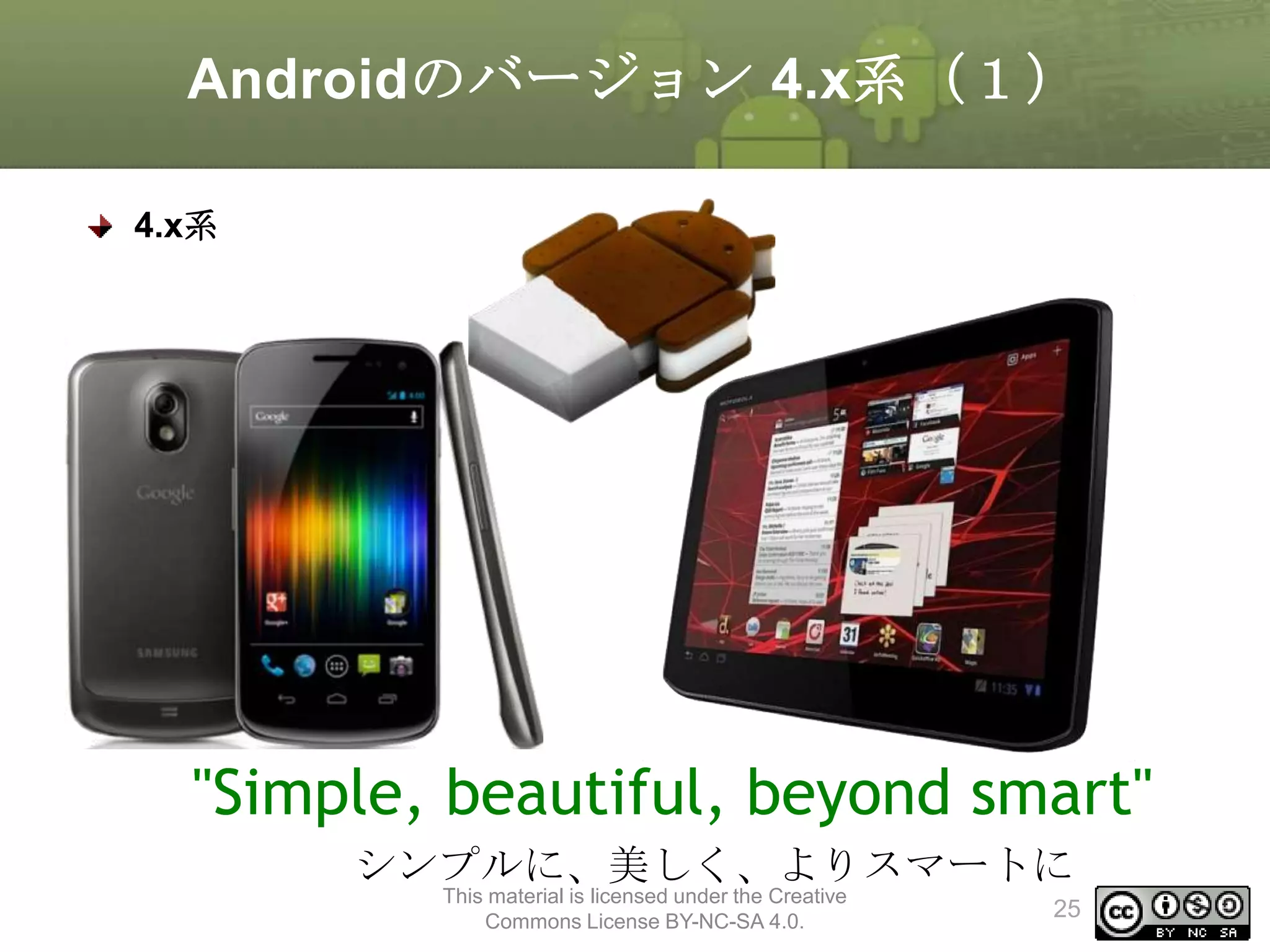 Androidのバージョン 4.x系（１）
4.x系

"Simple, beautiful, beyond smart"
シンプルに、美しく、よりスマートに
This material is licensed under the Creative
Commons License BY-NC-SA 4.0.

25

 