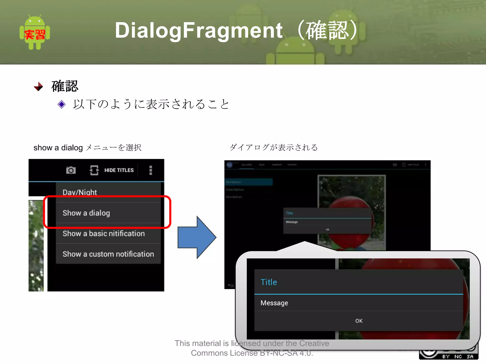 DialogFragment（確認）
確認
以下のように表示されること

show a dialog メニューを選択

ダイアログが表示される

This material is licensed under the Creative
Commons License BY-NC-SA 4.0.

255

 