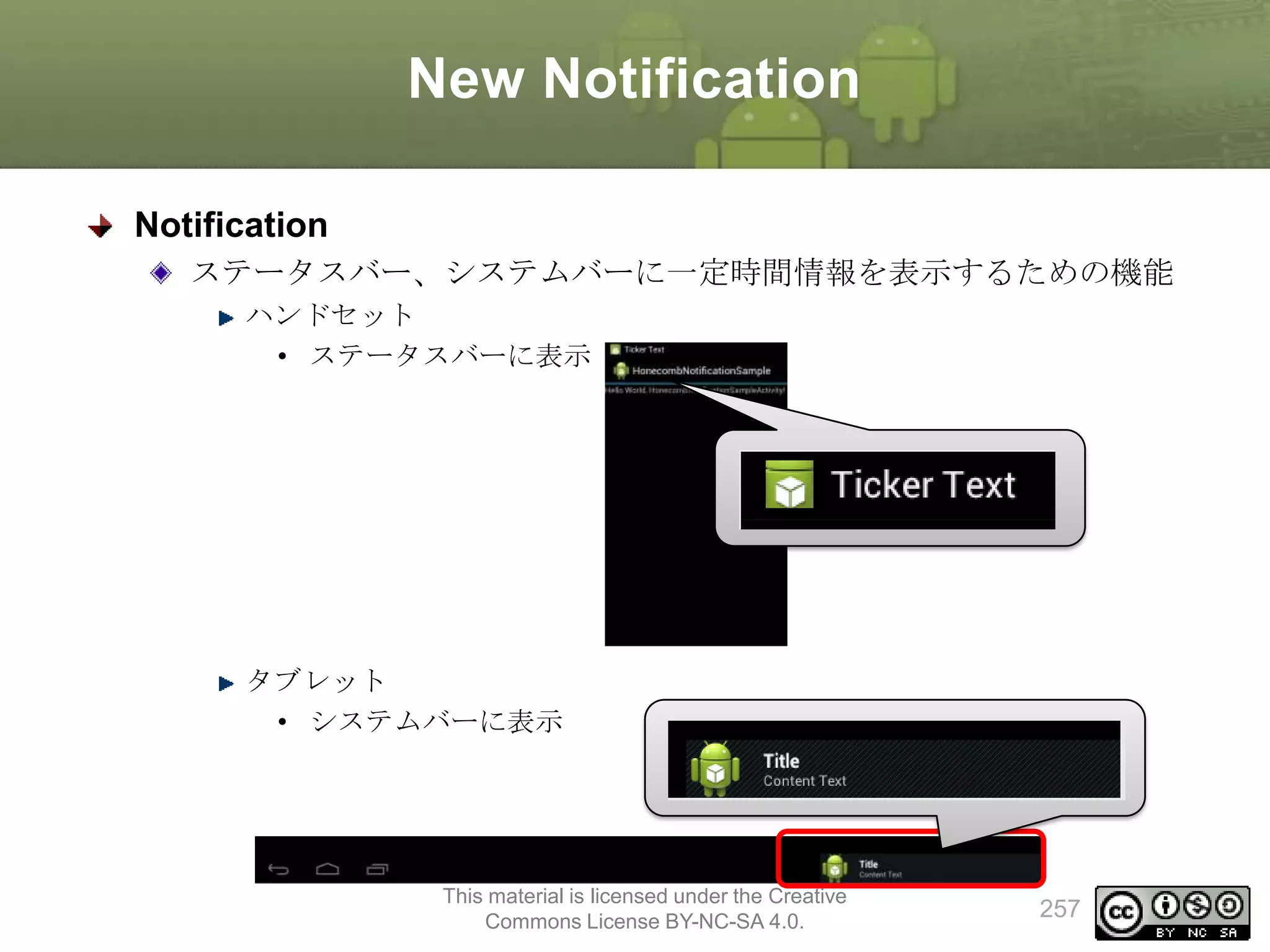 New Notification
Notification
ステータスバー、システムバーに一定時間情報を表示するための機能
ハンドセット
• ステータスバーに表示

タブレット
• システムバーに表示

This material is licensed under the Creative
Commons License BY-NC-SA 4.0.

257

 
