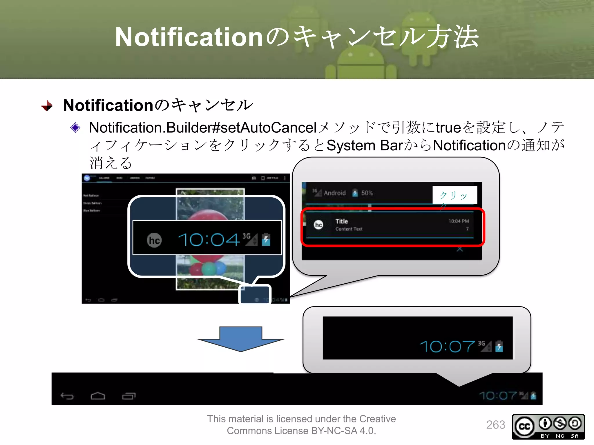 Notificationのキャンセル方法
Notificationのキャンセル
Notification.Builder#setAutoCancelメソッドで引数にtrueを設定し、ノテ
ィフィケーションをクリックするとSystem BarからNotificationの通知が
消える
クリッ
ク

This material is licensed under the Creative
Commons License BY-NC-SA 4.0.

263

 