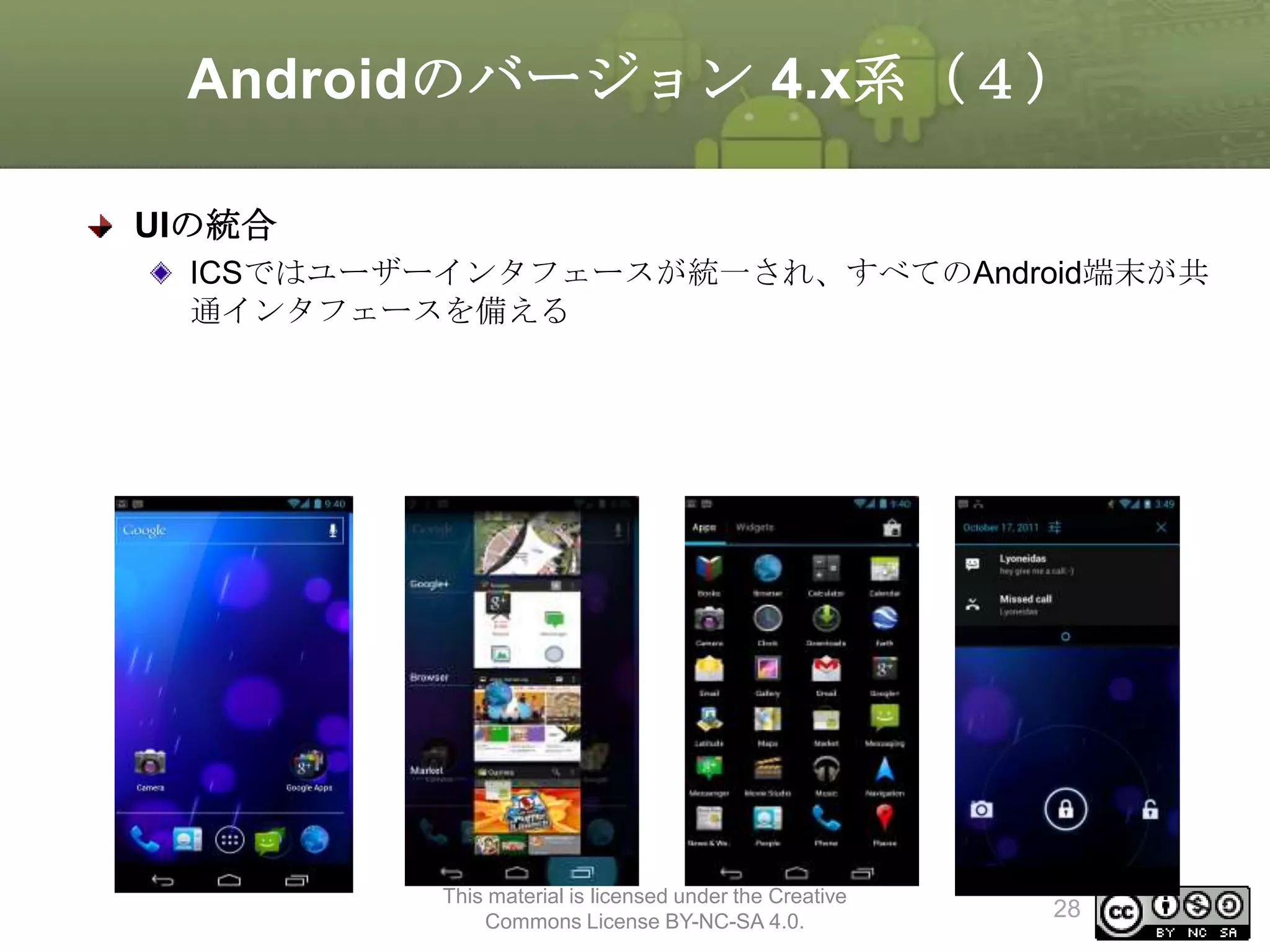 Androidのバージョン 4.x系（４）
UIの統合
ICSではユーザーインタフェースが統一され、すべてのAndroid端末が共
通インタフェースを備える

This material is licensed under the Creative
Commons License BY-NC-SA 4.0.

28

 