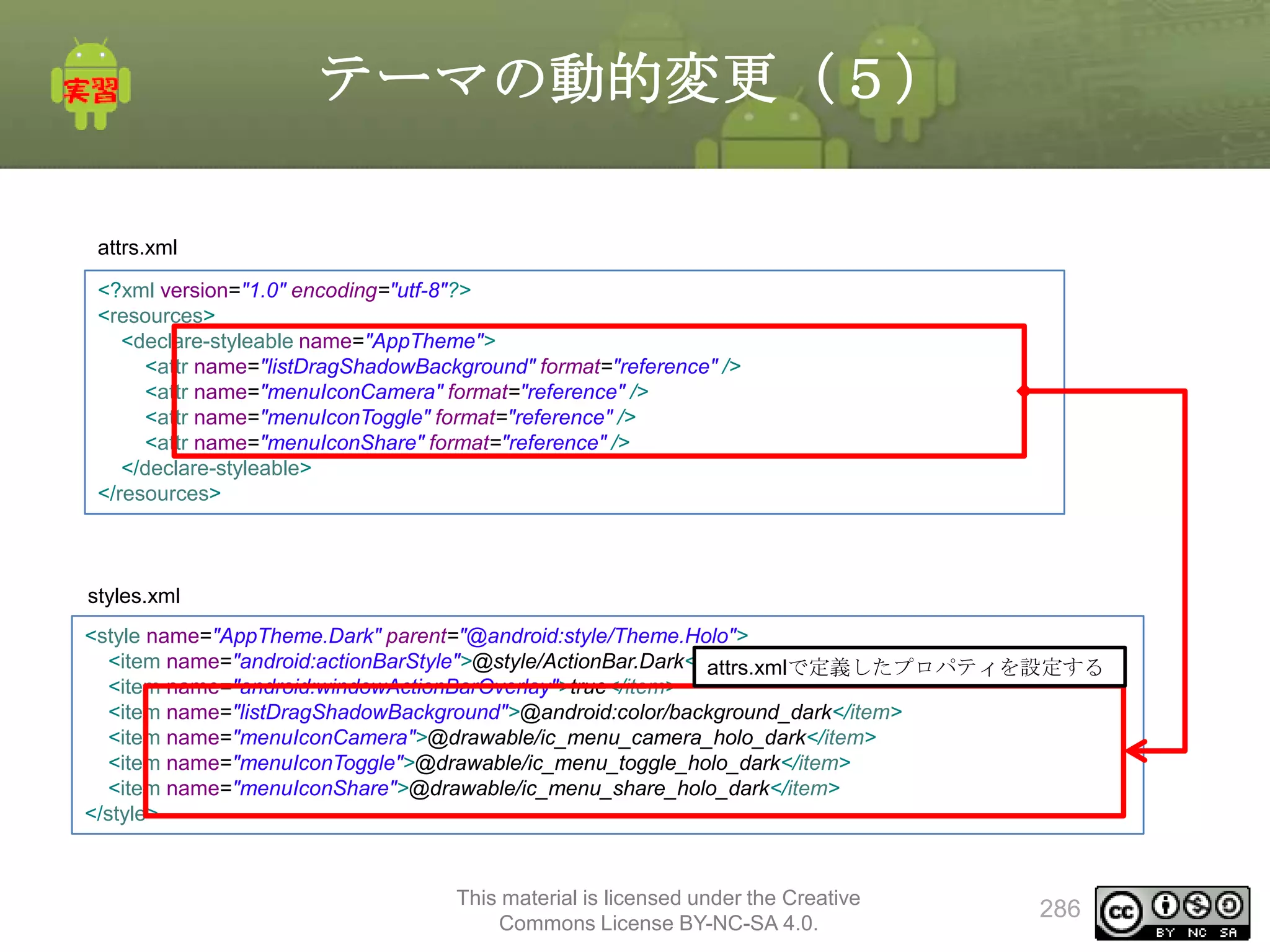テーマの動的変更（５）
attrs.xml
<?xml version="1.0" encoding="utf-8"?>
<resources>
<declare-styleable name="AppTheme">
<attr name="listDragShadowBackground" format="reference" />
<attr name="menuIconCamera" format="reference" />
<attr name="menuIconToggle" format="reference" />
<attr name="menuIconShare" format="reference" />
</declare-styleable>
</resources>

styles.xml
<style name="AppTheme.Dark" parent="@android:style/Theme.Holo">
<item name="android:actionBarStyle">@style/ActionBar.Dark</item>
attrs.xmlで定義したプロパティを設定する
<item name="android:windowActionBarOverlay">true</item>
<item name="listDragShadowBackground">@android:color/background_dark</item>
<item name="menuIconCamera">@drawable/ic_menu_camera_holo_dark</item>
<item name="menuIconToggle">@drawable/ic_menu_toggle_holo_dark</item>
<item name="menuIconShare">@drawable/ic_menu_share_holo_dark</item>
</style>

This material is licensed under the Creative
Commons License BY-NC-SA 4.0.

286

 