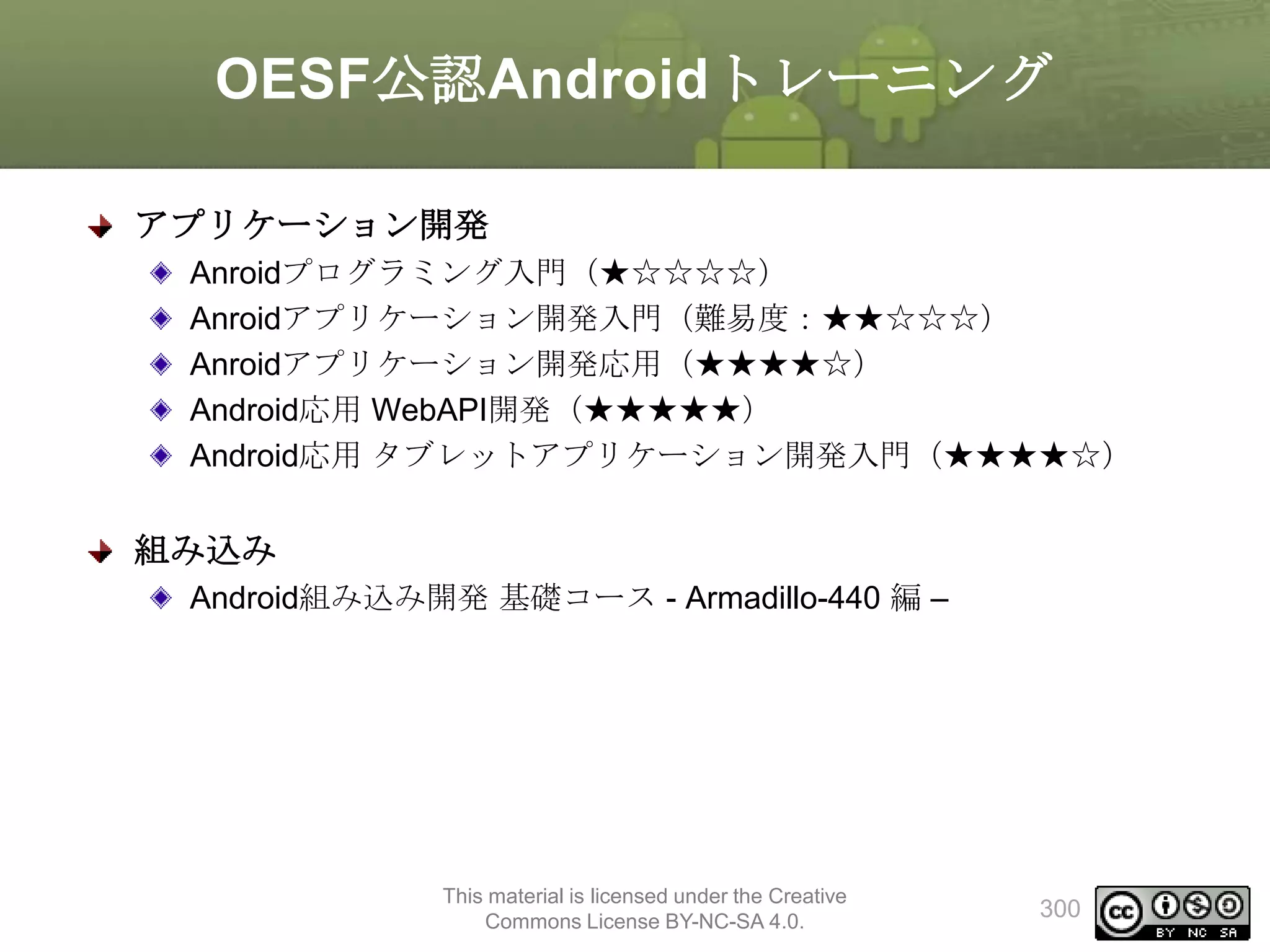 OESF公認Androidトレーニング
アプリケーション開発
Anroidプログラミング入門（★☆☆☆☆）
Anroidアプリケーション開発入門（難易度：★★☆☆☆）
Anroidアプリケーション開発応用（★★★★☆）
Android応用 WebAPI開発（★★★★★）
Android応用 タブレットアプリケーション開発入門（★★★★☆）

組み込み
Android組み込み開発 基礎コース - Armadillo-440 編 –

This material is licensed under the Creative
Commons License BY-NC-SA 4.0.

300

 