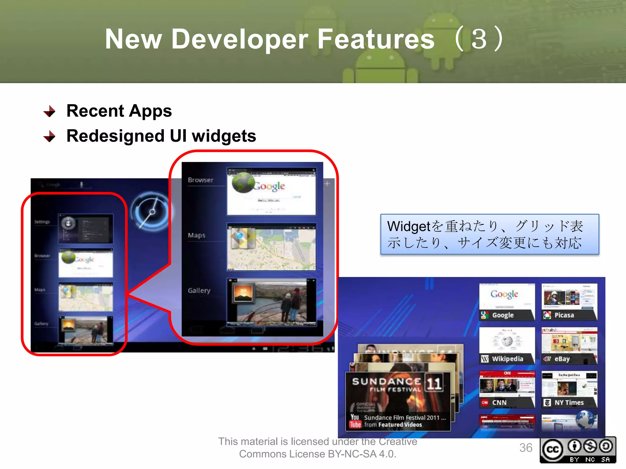 New Developer Features（３）
Recent Apps
Redesigned UI widgets

Widgetを重ねたり、グリッド表
示したり、サイズ変更にも対応

This material is licensed under the Creative
Commons License BY-NC-SA 4.0.

36

 