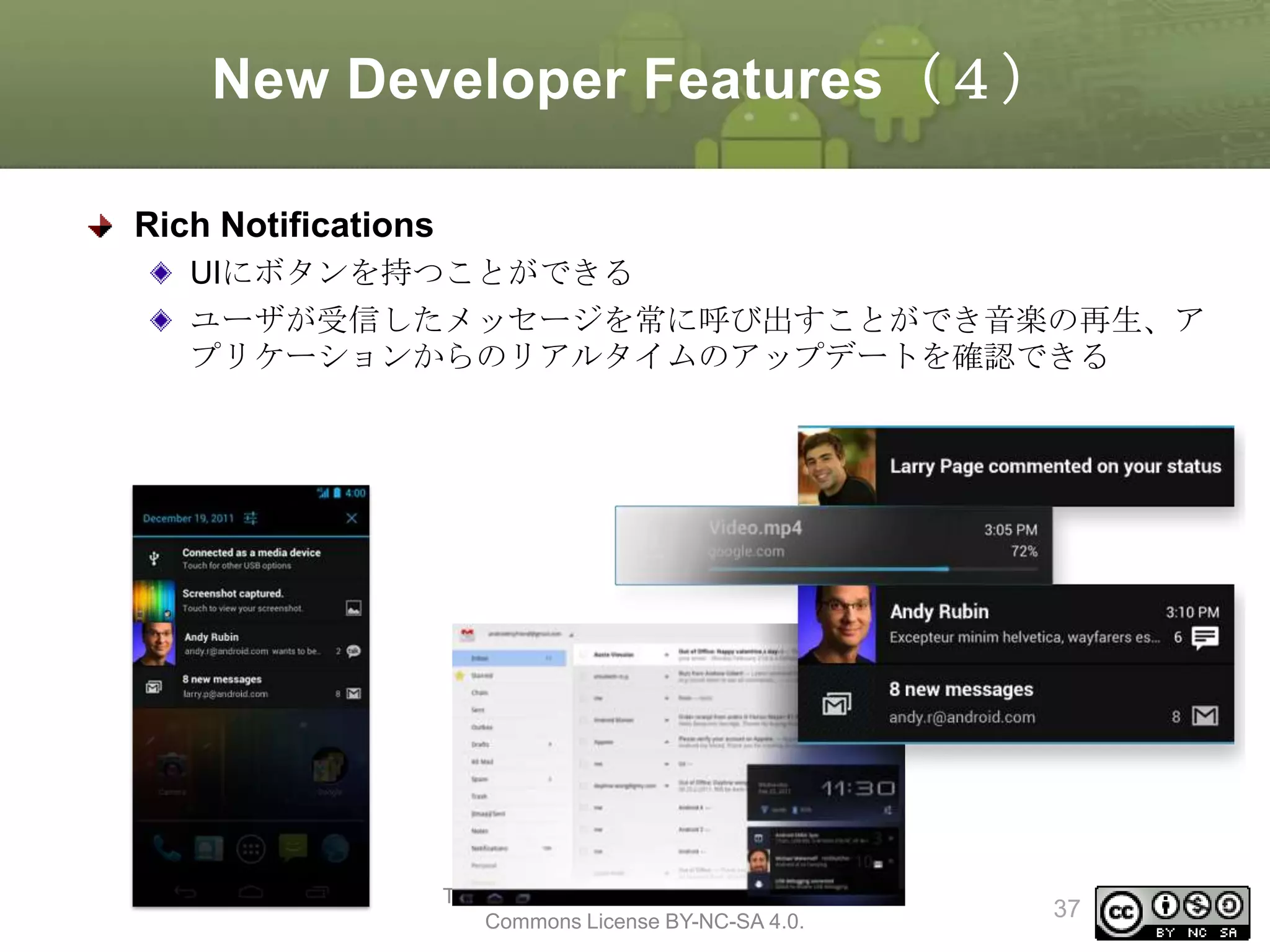 New Developer Features（４）
Rich Notifications
UIにボタンを持つことができる
ユーザが受信したメッセージを常に呼び出すことができ音楽の再生、ア
プリケーションからのリアルタイムのアップデートを確認できる

This material is licensed under the Creative
Commons License BY-NC-SA 4.0.

37

 