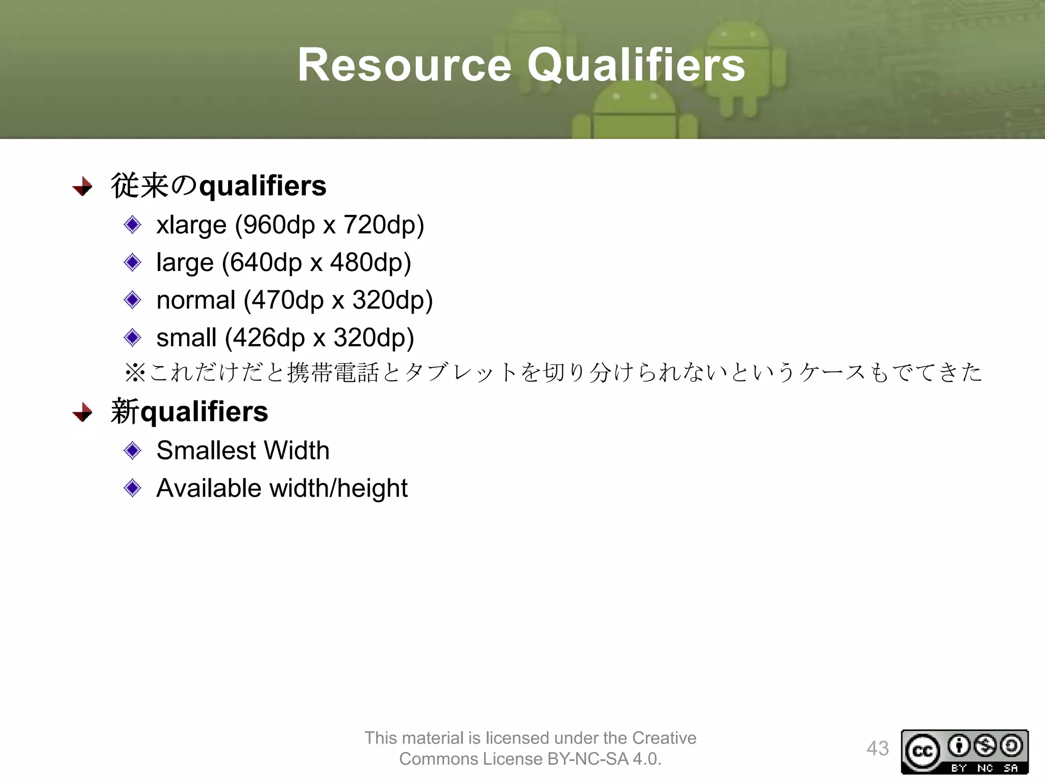 Resource Qualifiers
従来のqualifiers
xlarge (960dp x 720dp)
large (640dp x 480dp)
normal (470dp x 320dp)
small (426dp x 320dp)
※これだけだと携帯電話とタブレットを切り分けられないというケースもでてきた

新qualifiers
Smallest Width
Available width/height

This material is licensed under the Creative
Commons License BY-NC-SA 4.0.

43

 
