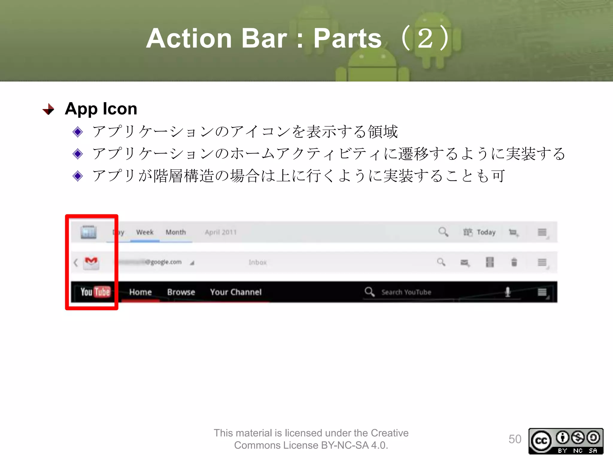 Action Bar : Parts（２）
App Icon
アプリケーションのアイコンを表示する領域
アプリケーションのホームアクティビティに遷移するように実装する
アプリが階層構造の場合は上に行くように実装することも可

This material is licensed under the Creative
Commons License BY-NC-SA 4.0.

50

 
