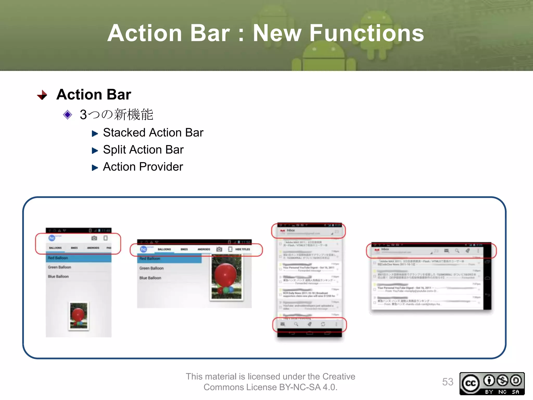 Action Bar : New Functions
Action Bar
3つの新機能
Stacked Action Bar
Split Action Bar
Action Provider

This material is licensed under the Creative
Commons License BY-NC-SA 4.0.

53

 