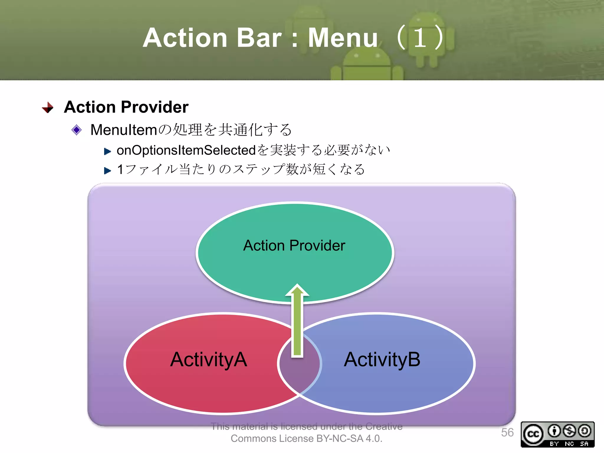 Action Bar : Menu（１）
Action Provider
MenuItemの処理を共通化する
onOptionsItemSelectedを実装する必要がない
1ファイル当たりのステップ数が短くなる

Action Provider

ActivityA

ActivityB

This material is licensed under the Creative
Commons License BY-NC-SA 4.0.

56

 