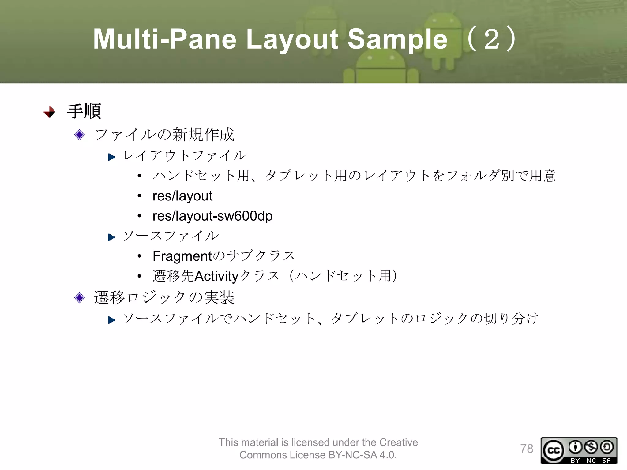 Multi-Pane Layout Sample（２）
手順
ファイルの新規作成
レイアウトファイル
• ハンドセット用、タブレット用のレイアウトをフォルダ別で用意
• res/layout
• res/layout-sw600dp
ソースファイル
• Fragmentのサブクラス
• 遷移先Activityクラス（ハンドセット用）

遷移ロジックの実装
ソースファイルでハンドセット、タブレットのロジックの切り分け

This material is licensed under the Creative
Commons License BY-NC-SA 4.0.

78

 