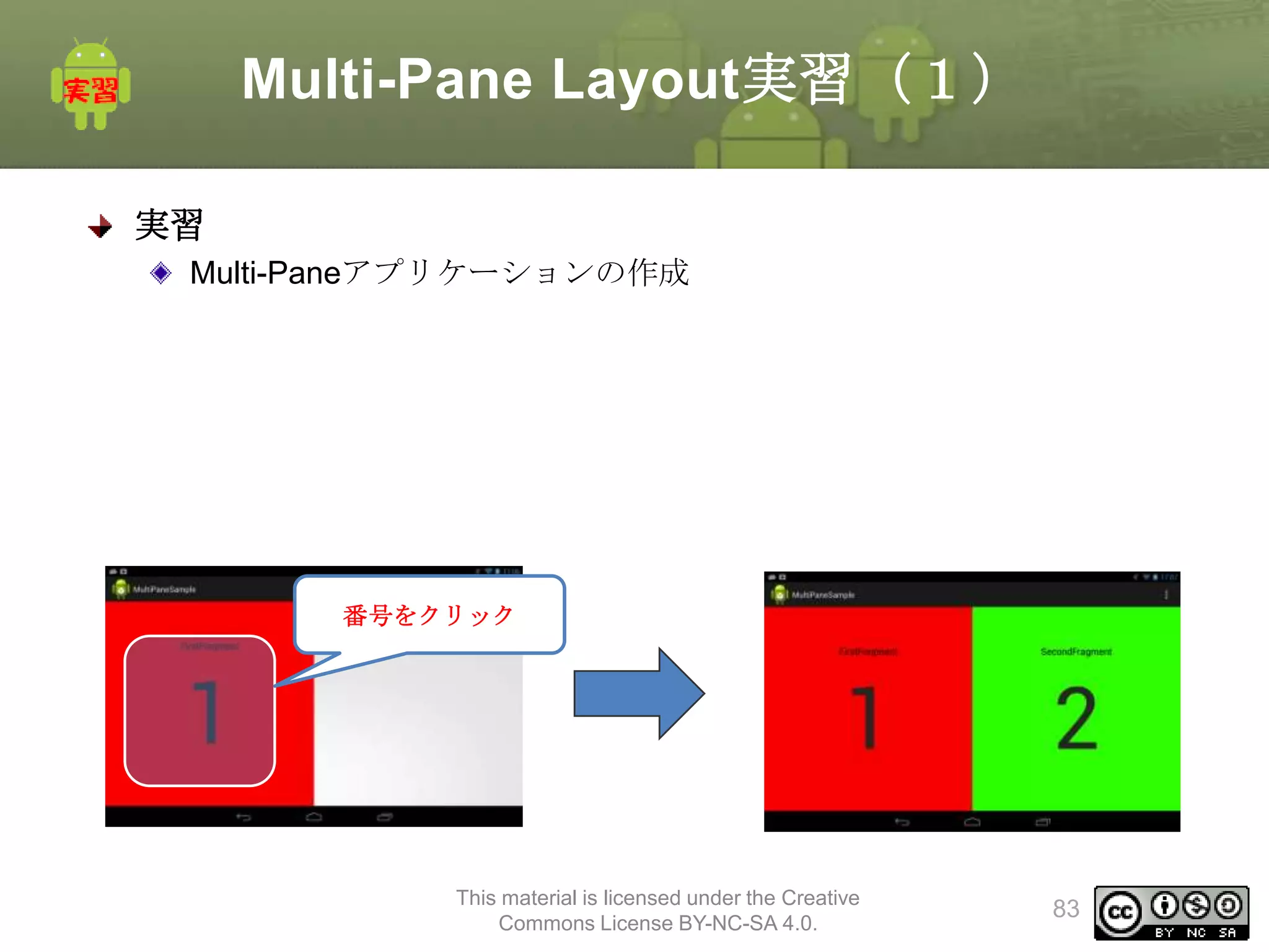 Multi-Pane Layout実習（１）
実習
Multi-Paneアプリケーションの作成

番号をクリック

This material is licensed under the Creative
Commons License BY-NC-SA 4.0.

83

 