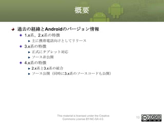 概要
過去の経緯とAndroidのバージョン情報
1.x系、2.x系の特徴
主に携帯電話向けとしてリリース

3.x系の特徴
正式にタブレット対応
ソース非公開

4.x系の特徴
2.x系と3.x系の統合
ソース公開（同時に3.x系のソースコードも公開）

This material is licensed under the Creative
Commons License BY-NC-SA 4.0.

10

 