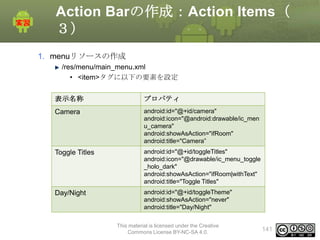 Action Barの作成：Action Items（
３）
1. menuリソースの作成
/res/menu/main_menu.xml
• <item>タグに以下の要素を設定
表示名称

プロパティ

Camera

android:id="@+id/camera"
android:icon="@android:drawable/ic_men
u_camera"
android:showAsAction="ifRoom"
android:title="Camera”

Toggle Titles

android:id="@+id/toggleTitles"
android:icon="@drawable/ic_menu_toggle
_holo_dark"
android:showAsAction="ifRoom|withText"
android:title="Toggle Titles"

Day/Night

android:id="@+id/toggleTheme"
android:showAsAction="never"
android:title="Day/Night"
This material is licensed under the Creative
Commons License BY-NC-SA 4.0.

141

 