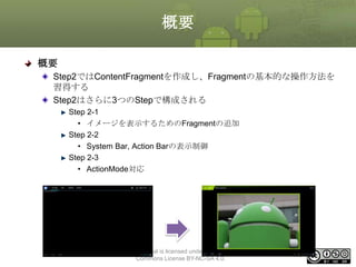 概要
概要
Step2ではContentFragmentを作成し、Fragmentの基本的な操作方法を
習得する
Step2はさらに3つのStepで構成される
Step 2-1
• イメージを表示するためのFragmentの追加
Step 2-2
• System Bar, Action Barの表示制御
Step 2-3
• ActionMode対応

This material is licensed under the Creative
Commons License BY-NC-SA 4.0.

147

 