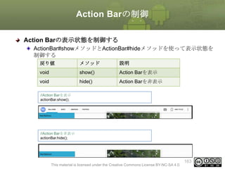 Action Barの制御
Action Barの表示状態を制御する
ActionBar#showメソッドとActionBar#hideメソッドを使って表示状態を
制御する
戻り値

メソッド

説明

void

show()

Action Barを表示

void

hide()

Action Barを非表示

//Action Barを表示
actionBar.show();

//Action Barを非表示
actionBar.hide();

This material is licensed under the Creative Commons License BY-NC-SA 4.0.

163

 