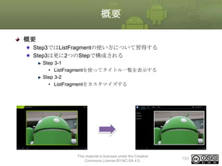 概要
概要
Step3ではListFragmentの使い方について習得する
Step3は更に2つのStepで構成される
Step 3-1
• ListFragmentを使ってタイトル一覧を表示する
Step 3-2
• ListFragmentをカスタマイズする

This material is licensed under the Creative
Commons License BY-NC-SA 4.0.

193

 