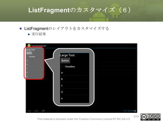 ListFragmentのカスタマイズ（６）
ListFragmentのレイアウトをカスタマイズする
実行結果

This material is licensed under the Creative Commons License BY-NC-SA 4.0.

209

 