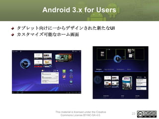 Android 3.x for Users
タブレット向けに一からデザインされた新たなUI
カスタマイズ可能なホーム画面

This material is licensed under the Creative
Commons License BY-NC-SA 4.0.

23

 