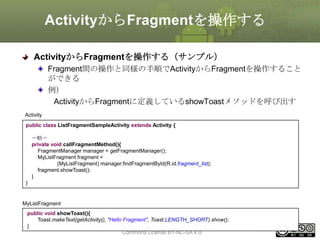 ActivityからFragmentを操作する
ActivityからFragmentを操作する（サンプル）
Fragment間の操作と同様の手順でActivityからFragmentを操作すること
ができる
例）
ActivityからFragmentに定義しているshowToastメソッドを呼び出す
Activity
public class ListFragmentSampleActivity extends Activity {
〜略〜
private void callFragmentMethod(){
FragmentManager manager = getFragmentManager();
MyListFragment fragment =
(MyListFragment) manager.findFragmentById(R.id.fragment_list);
fragment.showToast();
}

}

MyListFragment
public void showToast(){
Toast.makeText(getActivity(), "Hello Fragment", Toast.LENGTH_SHORT).show();
This material is licensed under the Creative
}
Commons License BY-NC-SA 4.0.

231

 