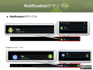 Notificationのサンプル
Notificationのサンプル

LargeIconを使用した場合

This material is licensed under the Creative
Commons License BY-NC-SA 4.0.

261

 