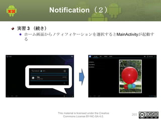 Notification（２）
実習 3 （続き）
ホーム画面からノティフィケーションを選択するとMainActivityが起動す
る

This material is licensed under the Creative
Commons License BY-NC-SA 4.0.

265

 