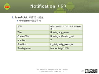 Notification（５）
1. MainActivityの修正（続き）
notificationの設定情報
項目

値 (スケルトンプロジェクトで提供
済）

Title

R.string.app_name

ContentTitle

R.string.notification_text

Number

7

SmallIcon

ic_stat_notify_example

PendingIntent

MainActivityの起動

This material is licensed under the Creative
Commons License BY-NC-SA 4.0.

268

 