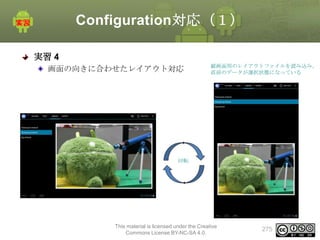 Configuration対応（１）
実習 4
画面の向きに合わせたレイアウト対応

縦画面用のレイアウトファイルを読み込み、
直前のデータが選択状態になっている

回転

This material is licensed under the Creative
Commons License BY-NC-SA 4.0.

275

 