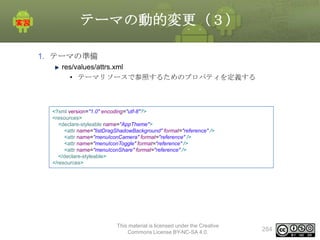 テーマの動的変更（３）
1. テーマの準備
res/values/attrs.xml
• テーマリソースで参照するためのプロパティを定義する

<?xml version="1.0" encoding="utf-8"?>
<resources>
<declare-styleable name="AppTheme">
<attr name="listDragShadowBackground" format="reference" />
<attr name="menuIconCamera" format="reference" />
<attr name="menuIconToggle" format="reference" />
<attr name="menuIconShare" format="reference" />
</declare-styleable>
</resources>

This material is licensed under the Creative
Commons License BY-NC-SA 4.0.

284

 