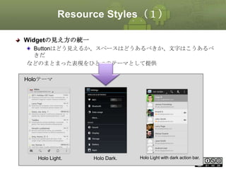 Resource Styles（１）
Widgetの見え方の統一
Buttonはどう見えるか、スペースはどうあるべきか、文字はこうあるべ
きだ
などのまとまった表現をひとつのテーマとして提供
Holoテーマ

Holo Light.

Holo Dark.

Holo Light with dark action bar.
40

This material is licensed under the Creative Commons License BY-NC-SA 4.0.

 
