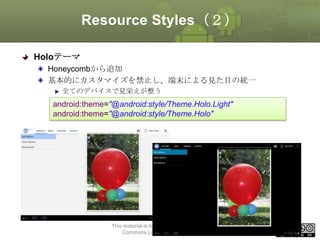 Resource Styles（２）
Holoテーマ
Honeycombから追加
基本的にカスタマイズを禁止し、端末による見た目の統一
全てのデバイスで見栄えが整う

android:theme="@android:style/Theme.Holo.Light"
android:theme="@android:style/Theme.Holo"

This material is licensed under the Creative
Commons License BY-NC-SA 4.0.

41

 