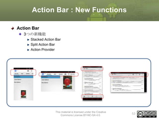 Action Bar : New Functions
Action Bar
3つの新機能
Stacked Action Bar
Split Action Bar
Action Provider

This material is licensed under the Creative
Commons License BY-NC-SA 4.0.

53

 
