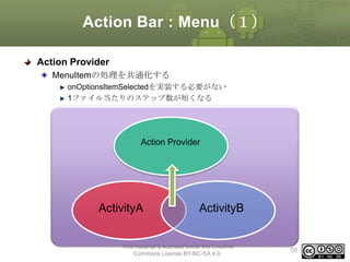 Action Bar : Menu（１）
Action Provider
MenuItemの処理を共通化する
onOptionsItemSelectedを実装する必要がない
1ファイル当たりのステップ数が短くなる

Action Provider

ActivityA

ActivityB

This material is licensed under the Creative
Commons License BY-NC-SA 4.0.

56

 