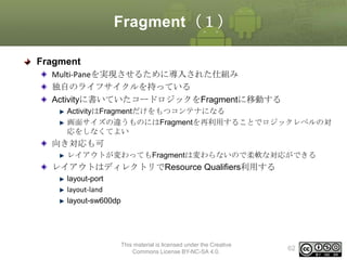 Fragment（１）
Fragment
Multi-Paneを実現させるために導入された仕組み
独自のライフサイクルを持っている
Activityに書いていたコードロジックをFragmentに移動する
ActivityはFragmentだけをもつコンテナになる
画面サイズの違うものにはFragmentを再利用することでロジックレベルの対
応をしなくてよい

向き対応も可
レイアウトが変わってもFragmentは変わらないので柔軟な対応ができる

レイアウトはディレクトリでResource Qualifiers利用する
layout-port
layout-land
layout-sw600dp

This material is licensed under the Creative
Commons License BY-NC-SA 4.0.

62

 