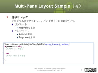 Multi-Pane Layout Sample（４）
2. 遷移ロジック
プログラム側でタブレット、ハンドセットの処理を分ける
タブレット
Fragmentを追加

ハンドセット
Activityを起動
Fragmentを追加
View container = getActivity().findViewById(R.id.second_fragment_container);
if (container != null) {
// タブレットの場合
} else {
// ハンドセットの場合
}

This material is licensed under the Creative
Commons License BY-NC-SA 4.0.

81

 