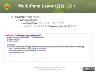 Multi-Pane Layout実習（８）
2. Fragmentの処理の実装
FirstFragmentの修正
• onCreateViewメソッドをオーバライドする
• レイアウトファイルとしてfragment_first.xmlを指定する

public class FirstFragment extends Fragment {
private static final String TAG = "FirstFragment";
TextView textView;
TextView textNo;
@Override
public View onCreateView(LayoutInflater inflater, ViewGroup container, Bundle savedInstanceState) {
View v = inflater.inflate(R.layout.fragment_first, null);
textView = (TextView) v.findViewById(R.id.textView1);
textView.setText(TAG);

・
・
・

This material is licensed under the Creative
Commons License BY-NC-SA 4.0.

90

 