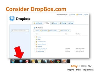 Consider DropBox.com




                          amyCHOREW
                       inspire train implement
 