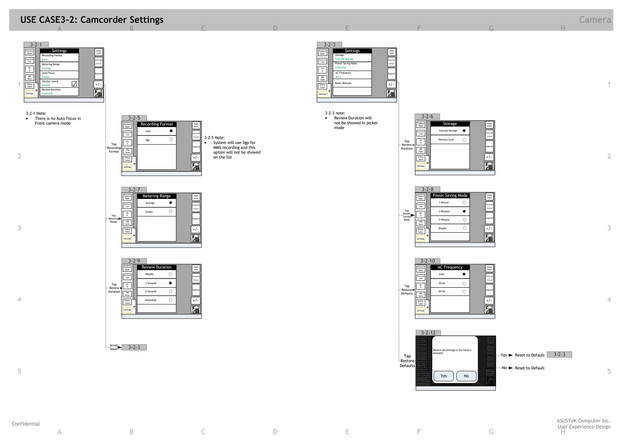 USE CASE3-2: Camcorder Settings                                                                                                                                                                                                                                                                                  Camera
                                A                                       B                                    C                                D                           E                                      F                                                     G                                    H

           3-2-1                                                                                                                                          3-2-3
      Camera
       Back
                             Settings    Flash
                                         Auto
                                                                                                                                                  Camera                  Settings         Flash
                                                                                                                                                                                           Auto
                                                                                                                                                   Back
                   Recording Format                                                                                                                             Storage
      Resolution   mp4                  Camcorder                                                                                                 Resolution    Internal Storage          Camcorder
        720P                               /                                                                                                        720P                                     /
                   Metering Range        Camera                                                                                                                 Power Saving Mode          Camera

         EV        Average                                                                                                                           EV         3 Minutes
          0                                                                                                                                           0
                   Auto Focus           Capture                                                                                                                   AC Frequency            Capture
        WB         Enable                                                                                                                            WB           Auto
       Auto                                                                                                                                         Auto
                   Shutter sound
  1    Effect
        none
                   Enable               +/-                                                                                                        Effect
                                                                                                                                                   none
                                                                                                                                                                Reset Defaults
                                                                                                                                                                                          +/-                                                                                                                                  1
                   Review Duration
      Settings     3 Seconds                                                                                                                      Settings




      3-2-1 Note:                                                                                                                                          3-2-3 note:
           There is no Auto Focus in                                  3-2-5                                                                                     Review Duration will                                   3-2-6
           Front camera mode                                    Camera        Recording Format    Flash                                                         not be showed in picker                          Camera                Storage                       Flash
                                                                 Back                             Auto                                                                                                            Back                                               Auto
                                                                                                                                                                mode
                                                                                mp4                                                                                                                              Resolution
                                                                                                                                                                                                                                   Internal Storage
                                                                Resolution                       Camcorder                                                                                                                                                          Camcorder
                                                                                                                                                                                                                   720P                                                /
                                                                  720P                              /
                                                                                                                                                                                                                                                                     Camera

                                                                                3gp
                                                                                                  Camera
                                                                                                             3-2-5 Note:                                                                                                           Memory Card
                                                                   EV                                                                                                                                   Tap         EV
                                                       Tap          0                                             System will use 3gp for                                                              Review
                                                                                                                                                                                                                     0
                                                                                                                                                                                                                                                                    Capture
                                                    Recording
                                                                   WB
                                                                                                 Capture
                                                                                                                  MMS recording and this                                                              Duration      WB
                                                     Format       Auto                                            option will not be showed                                                                        Auto


  2                                                              Effect
                                                                  none
                                                                                                 +/-              on the list                                                                                     Effect
                                                                                                                                                                                                                   none
                                                                                                                                                                                                                                                                    +/-                                                        2
                                                                Settings                                                                                                                                         Settings




                                                                      3-2-7                                                                                                                                            3-2-8
                                                                Camera        Metering Range      Flash                                                                                                          Camera       Power Saving Mode                      Flash
                                                                                                                                                                                                                                                                     Auto
                                                                 Back                             Auto                                                                                                            Back

                                                                                Average                                                                                                                                            1 Minute
                                                                Resolution                                                                                                                                       Resolution                                         Camcorder
                                                                                                 Camcorder
                                                                  720P                              /                                                                                                              720P                                                /
                                                                                                  Camera                                                                                                                                                             Camera
                                                                                                                                                                                                        Tap                        3 Minutes
                                                                   EV           Center                                                                                                                              EV
                                                                                                                                                                                                       Power
                                                       Tap          0
                                                                                                                                                                                                       Saving        0
                                                     Metering                                    Capture                                                                                                                                                            Capture
                                                                                                                                                                                                        Mode                       5 Minutes
                                                      Range       WB                                                                                                                                                WB
                                                                 Auto                                                                                                                                              Auto

  3                                                              Effect
                                                                  none
                                                                                                 +/-                                                                                                              Effect
                                                                                                                                                                                                                   none
                                                                                                                                                                                                                                   Disable                          +/-                                                        3
                                                                Settings                                                                                                                                         Settings




                                                                      3-2-9                                                                                                                                          3-2-10
                                                                Camera
                                                                 Back
                                                                              Review Duration     Flash
                                                                                                  Auto
                                                                                                                                                                                                                 Camera           AC Frequency                       Flash
                                                                                                                                                                                                                                                                     Auto
                                                                                                                                                                                                                  Back

                                                                Resolution
                                                                                Disable                                                                                                                                            Auto
                                                                                                 Camcorder                                                                                                       Resolution                                         Camcorder
                                                                  720P                              /                                                                                                              720P                                                /
                                                                                                  Camera                                                                                                                                                             Camera

                                                                                3 Seconds                                                                                                                                          50 Hz
                                                      Tap          EV                                                                                                                                               EV
                                                                    0                                                                                                                                   Tap          0
                                                     Review
                                                                                5 Seconds
                                                                                                 Capture                                                                                              Restore                      60 Hz
                                                                                                                                                                                                                                                                    Capture
                                                    Duration      WB
                                                                 Auto
                                                                                                                                                                                                      Defaults      WB
                                                                                                                                                                                                                   Auto

  4                                                              Effect
                                                                  none
                                                                                Unlimited        +/-                                                                                                              Effect
                                                                                                                                                                                                                   none
                                                                                                                                                                                                                                                                    +/-                                                        4
                                                                Settings                                                                                                                                         Settings




                                                                                                                                                                                                                      3-2-12
                                                                                                                                                                                                                  Camera
                                                                                                                                                                                                                   Back
                                                                                                                                                                                                                                       Settings                       Flash
                                                                                                                                                                                                                                                                      Auto
                                                                                                                                                                                                                               Preview Time
                                                      Scroll
                                                      Down            3-2-3                                                                                                                                        MODE
                                                                                                                                                                                                                  Normal
                                                                                                                                                                                                                               3 Seconds
                                                                                                                                                                                                                              Restore all settings to the factory
                                                                                                                                                                                                                                                                      Camera
                                                                                                                                                                                                                                                                        /
                                                                                                                                                                                                                                                                     Camcorder
                                                                                                                                                                                                                               Power Saving Mode
                                                                                                                                                                                                                              defaults?
                                                                                                                                                                                                        Tap          EV        3 Minutes                                         Yes   Reset to Default   3-2-3
                                                                                                                                                                                                                      0
                                                                                                                                                                                                      Restore                  AC Frequency                          Capture
                                                                                                                                                                                                                     WB
                                                                                                                                                                                                      Defaults                 Auto
                                                                                                                                                                                                                    Auto
                                                                                                                                                                                                                                                                                 No    Reset to Default
  5                                                                                                                                                                                                                Effect
                                                                                                                                                                                                                   none
                                                                                                                                                                                                                               Reset Defaults
                                                                                                                                                                                                                                      Yes                 No
                                                                                                                                                                                                                                                                     +/-                                                       5
                                                                                                                                                                                                                 Settings




                                                                                                                                                                                                                                                                                                           ASUSTeK Computer Inc.
Confidential
                                                                                                                                                                                                                                                                                                           User Experience Design
                                A                                       B                                    C                                D                           E                                      F                                                     G                                    H
 