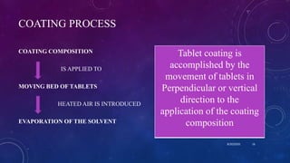 COATING PROCESS
COATING COMPOSITION
IS APPLIED TO
MOVING BED OF TABLETS
HEATED AIR IS INTRODUCED
EVAPORATION OF THE SOLVENT
Tablet coating is
accomplished by the
movement of tablets in
Perpendicular or vertical
direction to the
application of the coating
composition
8/20/2020 16
 