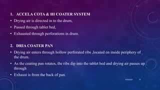 1. ACCELA COTA & HI COATER SYSTEM
• Drying air is directed in to the drum,
• Passed through tablet bed,
• Exhausted through perforations in drum.
2. DRIA COATER PAN
• Drying air enters through hollow perforated ribs ,located on inside periphery of
the drum.
• As the coating pan rotates, the ribs dip into the tablet bed and drying air passes up
through
• Exhaust is from the back of pan.
8/20/2020 30
 