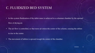C. FLUIDIZED BED SYSTEM
• In this system fluidization of the tablet mass is achieved in a columnar chamber by the upward
flow of drying air.
• The air flow is controlled, so that more air enters the center of the column, causing the tablets
to rise in the center.
• The movement of tablets is upward trough the center of the chamber.
8/20/2020 35
 