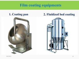 Film coating equipments
14
2/6/2021
1. Coating pan 2. Fluidized bed coating
 